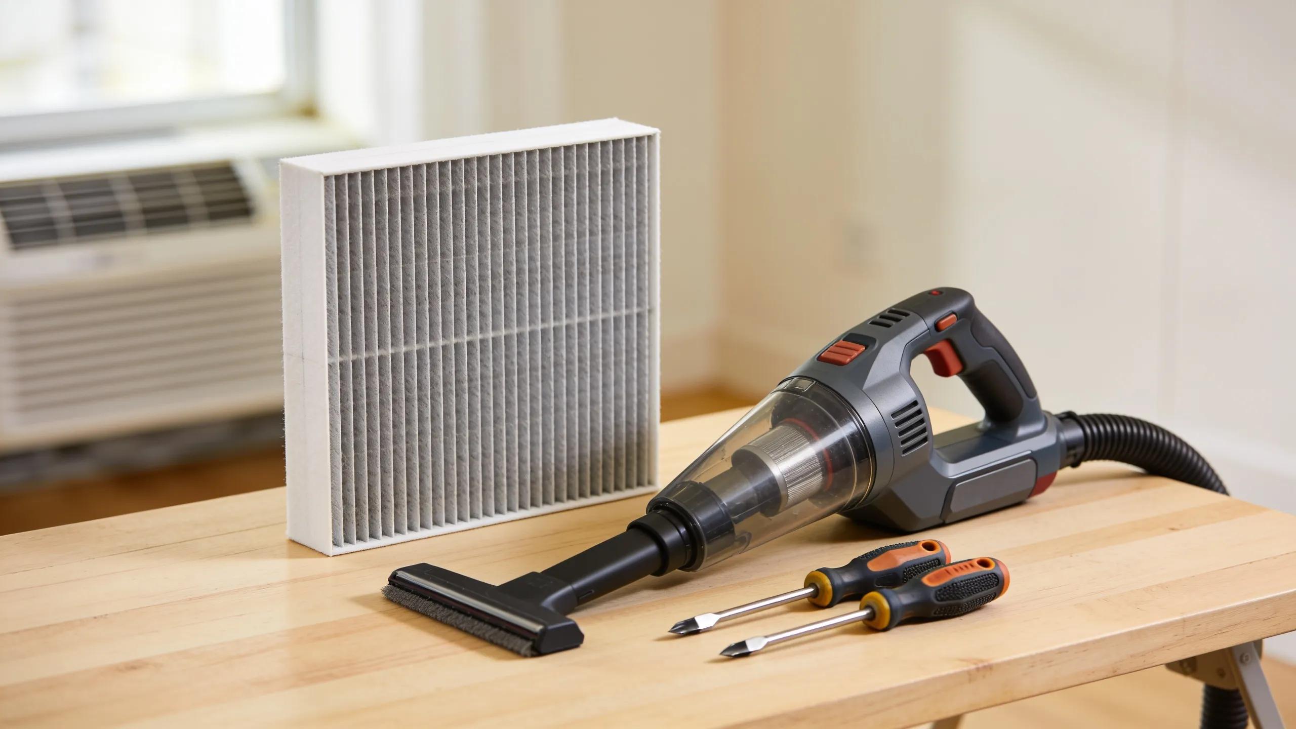 Easy Steps for Air Filter Replacement - DIY HVAC Maintenance 1 Essential tools for HVAC air filter replacement including a new filter and screwdriver